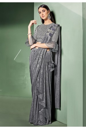 Gray lycra party wear saree with frill sleeve  5309